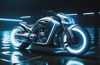 photorealistic image, masterpiece, high quality 8K, of a futuristic ((sci-fi large super motocycle), (((submerged in the sea))), Tron legacy, white and blue neon lights, good lighting, at night, sharp focus