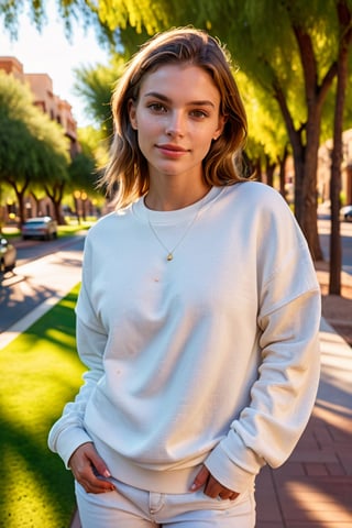 shirt model, full body, cinematic woman, walking down sidewalk in arizona, ((looking to her left)), (both hands are touching her shoulders), wearing a ((white oversized crewneck sweartshirt)), ((best best quality)), ((masterpiece)), ((realistic)), (detailed), blush, (masterpiece), absurdres, HDR , . 35mm photograph, film, bokeh, professional, 4k, highly detailed, (goosebumps:0.5), subsurface scattering, pure skin, skin pores, (beautiful_detailed_light), RAW, (intricate details:1.3), (best quality:1.3), (masterpiece:1.3), (hyper realistic:1.3), (( textured skin)), realistic dull (skin noise), visible skin detail, skin fuzz, dry skin, hyperdetailed face, sharp picture, Rembrandt lighting, 8k resolution, summer, in park, sunshine, closed lips, cute smile, photograph, Lush Girlfriend, summer, tilt shift,  specular lighting, film grain, Samsung Galaxy, F/5