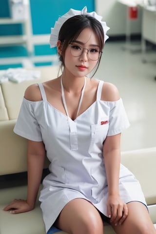 1girl, solo, Thailand model, shy, charming, glasses, white nurse uniform, deep-v, off the shoulder, sitting, clinic, realistic, detailed face, full body view. 