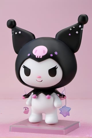 kuromi, solo, (solo), creature, super small size, no humans, ((no_human)), 3D animation, 3D figure, cute and adorable, chibi, (chibi), ((Kuromi)), big head, small body, short hands, short legs, ((small body)), ((very short hands)), ((very short legs)), dynamic pose, (masterpiece, ultra-detailed, 16K, best quality: 1.1), high resolution, (ultra detailed), photorealistic, ultra-detailed, finely detailed, high resolution, items in background everything is big size, winter, snow, at outdoor, shining star in dark background. 
((white body)), ((kuromi costume)), ((long ears)), female creature. ((black head)), ((black ears)), ((rabbid creature)), pink skeleton icon on head.