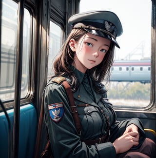 close up shot, solo, 1 girl, young, handsome, full lips, WW2 soldier cap, ground vehicle, realistic, train interior, looking through the train window, 1940s style setting, (high detailed skin:1.4), 1940s soldier uniform, 4k ultra hd, smooth picture, noise-free realism, sigma 85mm f/1.4,photorealistic