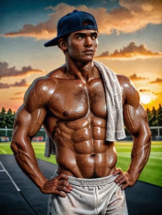 cowboy shot, 

well-built dark-skinned male, shirtless, backwards baseball cap, stubbles, chest hair, very sweaty, glistening muscles, sweat-slick face, hands on hip, looking to the distance, squinting, casual manly pose, gym towel, 

hot summer afternoon, sunset, sports field, 

traditional media, realistic, intricately detailed, 