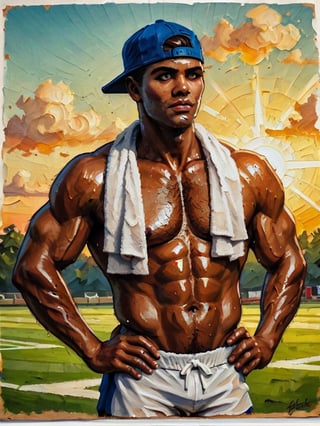 cowboy shot, 

well-built dark-skinned male, shirtless, backwards baseball cap, stubbles, chest hair, very sweaty, glistening muscles, sweat-slick face, hands on hip, looking to the distance, squinting, casual manly pose, gym towel, 

hot summer afternoon, sunset, sports field, 

traditional media, realistic, intricately detailed, 