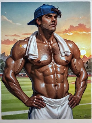 cowboy shot, 

well-built dark-skinned male, shirtless, backwards baseball cap, stubbles, chest hair, very sweaty, glistening muscles, sweat-slick face, hands on hip, looking to the distance, squinting, casual manly pose, gym towel, 

hot summer afternoon, sunset, sports field, 

traditional media, realistic, intricately detailed, 