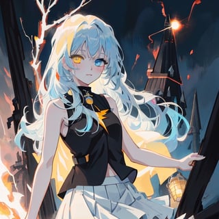 anime, 1girl, light blue hair, long hair, gothic style, white skirt, yellow sleeveless shirt, heterochromia blue eye and a yellow eye, lightning witch