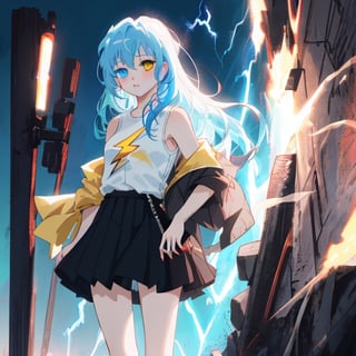 anime, 1girl, light blue hair, long hair, gothic style, black skirt, white sleeveless shirt, heterochromia blue eye and a yellow eye, lightning witch,