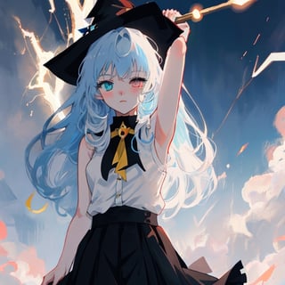 anime, 1girl, light blue hair, long hair, gothic style, black skirt, white sleeveless shirt, heterochromia blue eye and a yellow eye, lightning witch,