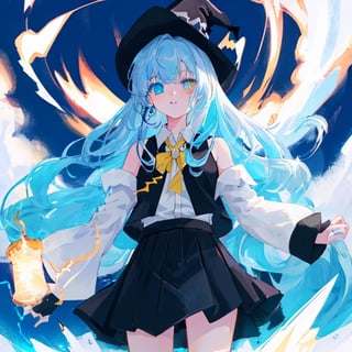 anime, 1girl, light blue hair, long hair, gothic style, black skirt, white sleeveless shirt, heterochromia blue eye and a yellow eye, lightning witch,