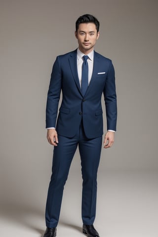 detailed face, standing, full body, solo, Male; Spiky black hair with (blue eyes:1.1); Asian with Japanese and Irish ancestry; muscular body type; 32 years old; dressed in a fitted suit with a crisp white shirt and a tie.
(blue eyes:1.1)