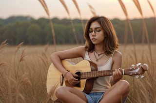 long shot of pretty girl, short wavy hair, brown hair, tanned skin, necklace, close eyes, wear round frameless eyeglasses, curvy body, wear loose sleeveless, wear shorts. playing guitar, sit among tall grass, brown hue