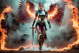 In a mystical realm where heaven and earth converge, one angelic warrior,. One female warrior, blond long Hip Cornrows Braids, adorned in celestial armor, wields a dual sword wreathed in crimson flames,photorealistic,depth of field  angel in hell, burning wings,  behind the devil defeated on the ground in pieces,