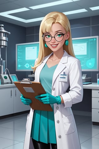 score_9, score_8_up, score_7_up, score_6_up, solo, laboratory assistant, intern, 1girl, green_eyes, clipboard, cropped_legs, holding, holding_clipboard, hugging_clipboard, ((lab_coat)), white_lab_coat, light_blush, lips, smile dimples, college student, 18 years old, young, hime_cut, long_hair, blunt_bangs, blonde_hair, heterochromia (green, blue) large round glasses, parted_lips, parted_bangs, latex_gloves, sleeves_rolled_up, goofy, gullible, shy, demure, awkward_smile, blushing, cute, looking_at_viewer, light blue shirt, collarbone, earrings, collared_shirt, pleated_skirt, leggings, bright laboratory background, 
cel shading art, hand-drawn graphic novel, beautiful color palette, perfect composition, cinematic, Concept art, good_hands, Expressiveh, perfect hands. comic book illustration, Dc comics style, dcaustyle