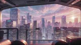 City, metropolis, with skyscrapers, against the backdrop of a pink sunset, pink and peach sky, the glare of the sun on the buildings, sun rays between buildings, without people, Futuristic future, adstech