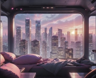 City, metropolis, with skyscrapers, against the backdrop of a pink sunset, pink and peach sky, the glare of the sun on the buildings, sun rays between buildings, without people, Futuristic future, adstech