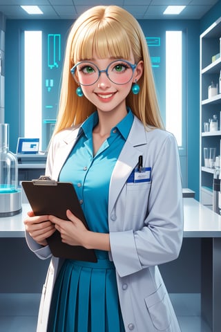 safe_pos, score_9, score_8_up, score_7_up, score_6_up, Expressiveh, very aesthetic, absurdres, highres, solo, laboratory assistant, intern, 1girl, green_eyes, round glasses, clipboard, cropped_legs, holding, holding_clipboard, hugging_clipboard, ((lab_coat)), white_lab_coat, light_blush, lips, smile dimples, college student, 18 years old, young, hime_cut, long_hair, blunt_bangs, blonde_hair, parted_lips, parted_bangs, sleeves_rolled_up, goofy, gullible, shy, demure, awkward_smile, blushing, cute, looking_at_viewer, light blue shirt, collarbone, earrings, collared_shirt, pleated_skirt, leggings, bright laboratory background, cel shading art, hand-drawn graphic novel, beautiful color palette, perfect composition, cinematic, Concept art, good_hands, perfect hands. Pacifica, Blond hair, comic book illustration, Dc comics style