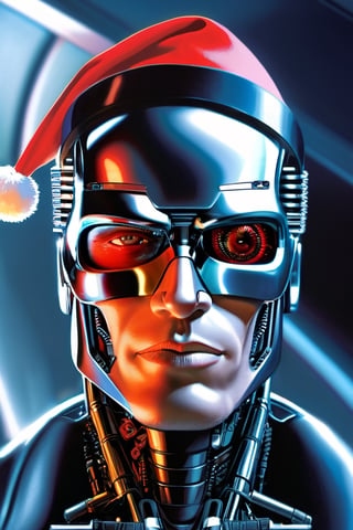 ((Terminator smiling with a Santa Claus hat, Alex Ross stile, Marvel comic cover illustration,))(Masterpiece, Best quality), (finely detailed eyes), (finely detailed eyes and detailed face), (Extremely detailed CG, Ultra detailed, Best shadow), Beautiful conceptual illustration, (illustration), (extremely fine and detailed), (Perfect details), (Depth of field)