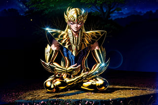 (masterpiece), (best quality), 1boy, Shaka, saint seiya, blonde hair, long hair, closed eyes, gold armor, sitting, indian_style, cherry trees