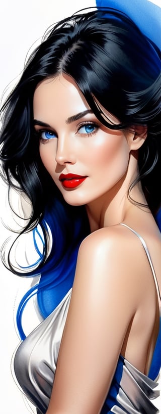 pencil Sketch of a beautiful mature woman 25 years old, with black hair, alluring, portrait by Charles Miano, ink drawing, illustrative art, soft lighting, detailed, more Flowing rhythm, elegant, low contrast, add soft blur with thin line, red lipstick, blue eyes.