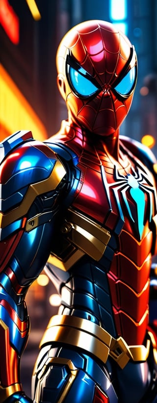 Angry spiderman mecha robo soldier character, anthropomorphic figure, wearing futuristic mecha soldier armor and weapons, reflection mapping, realistic figure, hyperdetailed, cinematic lighting photography, 32k uhd with a golden staff, red lighting on suit, 

By: panchovilla,mecha