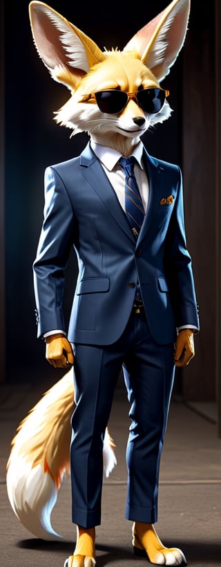 A stylized human ((shaped Fennec fox with dark sunglasses standing on two legs)), (((in frame))), a formal dressed, with a jacket and tie, very elegant, haute couture clothes, ((very realistic)), gangsta look, 4k, cinematic, the player, highly detailed, 

Movie Style 