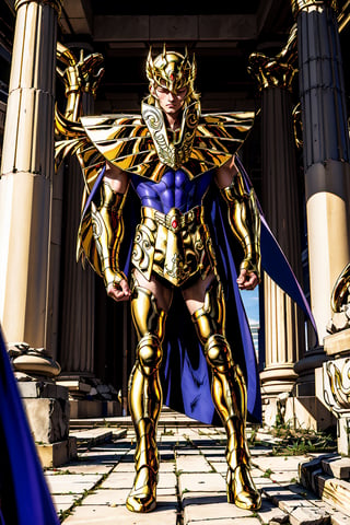 (masterpiece), (best quality), 1boy, Shaka, saint seiya, blonde hair, long hair,Long hair reaching the waist., closed eyes, Handsome boy,gold armor, cape, greek temple ruins,focus full body,Focus 2.1meter,Enhance