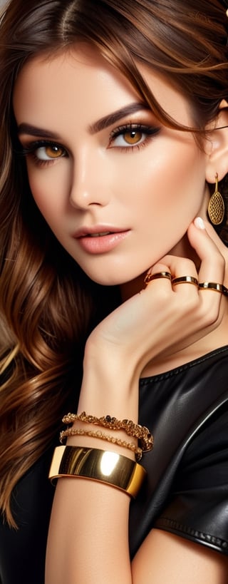 ((extremely realistic photo)), A close-up of a woman with brown hair and smoky eye makeup, golden honey-color eyes wearing a black leather top and gold bracelets, studio photo, aesthetic. masterpiece, realistic textures, pure perfection, high definition
((best quality, masterpiece, detailed)), ultra high resolution, hdr, art, high detail, add more detail, (extreme and intricate details), ((raw photo, 64k:1.37)), sharp focus,((more detail xl)),more detail XL,detailmaster2,Enhanced All,photo r3al