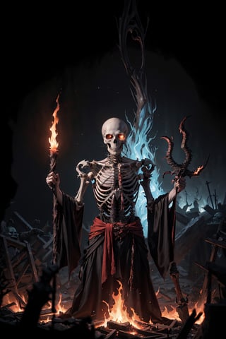 Generate hyper realistic image of a macabre scene of an undead pyromancer, wreathed in flames, casting dark fire spells amidst the skeletal remains of fallen foes. The background features a foreboding, lava-filled abyss, adding to the sinister ambiance of the Dark Souls universe. highly detailed, sharp focus.8k,photography style