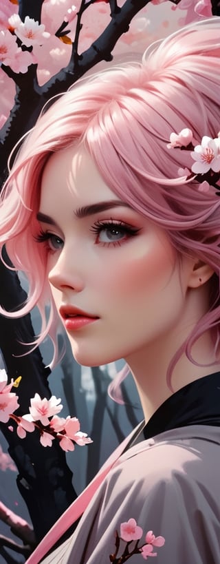 Close up woman dusty pink hair in a cherry blossom woods. on black canvas in the style of guillem h. pongiluppi, abigail larson, ominous landscapes, john sloane, light grey and pink, energy-filled illustrations, highly detailed