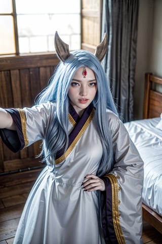 8k, high_resolution, best quality, ((standing)), bedroom, inside bedroom, facing front, smiling, proportional eyes, perfect, (from front), half body shot, looking_at_camera, front, masterpiece, large_breasts, kaguya, otsutsuki kimono, third eye, pale skin, horns, sharp fingernails, forehead mark