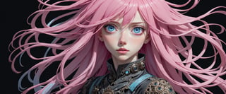 style of Tsutomu Nihei,
(incredibly absurdres, (high resolution:1.18), intricate detail, (masterpiece:1.1), (highest quality:1.1), absurdres) BREAK (1girl, solo, portrait, pink hair, light blue eyes, long hair, detailed eyes), (black background)