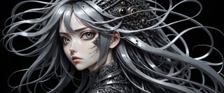 style of Tsutomu Nihei,
(incredibly absurdres, (high resolution:1.18), intricate detail, (masterpiece:1.1), (highest quality:1.1), absurdres) BREAK (1girl, solo, portrait, steel hair, onyx eyes, long hair, detailed eyes), (black background)