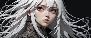 style of Tsutomu Nihei,
(incredibly absurdres, (high resolution:1.18), intricate detail, (masterpiece:1.1), (highest quality:1.1), absurdres) BREAK (1girl, solo, portrait, white hair, dark brown eyes, long hair, detailed eyes), black background