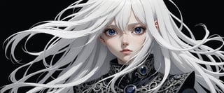 style of Tsutomu Nihei,
(incredibly absurdres, (high resolution:1.18), intricate detail, (masterpiece:1.1), (highest quality:1.1), absurdres) BREAK (1girl, solo, portrait, white hair, black sapphire eyes, long hair, detailed eyes), black background