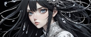 style of Tsutomu Nihei,
(incredibly absurdres, (high resolution:1.18), intricate detail, (masterpiece:1.1), (highest quality:1.1), absurdres) BREAK (1girl, solo, portrait, black hair, white crystal eyes, long hair, detailed eyes), black background