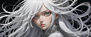 style of Tsutomu Nihei,
(incredibly absurdres, (high resolution:1.18), intricate detail, (masterpiece:1.1), (highest quality:1.1), absurdres) BREAK (1girl, solo, portrait, white hair, silver eyes, long hair, detailed eyes),