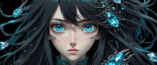 style of Tsutomu Nihei,
(incredibly absurdres, (high resolution:1.18), intricate detail, (masterpiece:1.1), (highest quality:1.1), absurdres) BREAK (1girl, solo, portrait, black hair, cyan crystal eyes, long hair, detailed eyes), (black background)