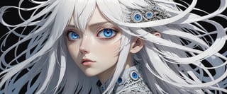 style of Tsutomu Nihei,
(incredibly absurdres, (high resolution:1.18), intricate detail, (masterpiece:1.1), (highest quality:1.1), absurdres) BREAK (1girl, solo, portrait, white hair, blue eyes, long hair, detailed eyes),