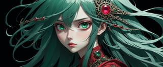 style of Tsutomu Nihei,
(incredibly absurdres, (high resolution:1.18), intricate detail, (masterpiece:1.1), (highest quality:1.1), absurdres) BREAK (1girl, solo, portrait, emerald hair, ruby eyes, long hair, detailed eyes), (black background)