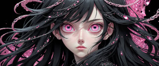 style of Tsutomu Nihei,
(incredibly absurdres, (high resolution:1.18), intricate detail, (masterpiece:1.1), (highest quality:1.1), absurdres) BREAK (1girl, solo, portrait, black hair, pink crystal eyes, long hair, detailed eyes), (black background)