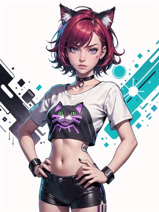 cat girl, cat ears, cyberpunk, short red hair, cosmic eyes, small breasts, crop top t-shirt, hand on hip, choker collar, wrist cuffs, realistic, solo, close up, graffiti, modern, design, white background, abstract, colorful, Grt2c