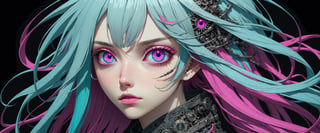 style of Tsutomu Nihei,
(incredibly absurdres, (high resolution:1.18), intricate detail, (masterpiece:1.1), (highest quality:1.1), absurdres) BREAK (1girl, solo, portrait, cyan hair, magenta eyes, long hair, detailed eyes), (black background)