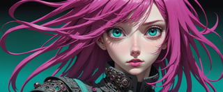 style of Tsutomu Nihei,
(incredibly absurdres, (high resolution:1.18), intricate detail, (masterpiece:1.1), (highest quality:1.1), absurdres) BREAK (1girl, solo, portrait, magenta hair, teal eyes, long hair, detailed eyes), (black background)