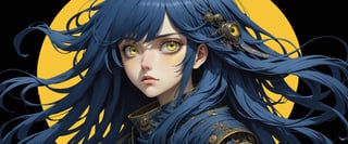 style of Tsutomu Nihei,
(incredibly absurdres, (high resolution:1.18), intricate detail, (masterpiece:1.1), (highest quality:1.1), absurdres) BREAK (1girl, solo, portrait, navy blue hair, yellow eyes, long hair, detailed eyes), (black background)