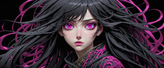 style of Tsutomu Nihei,
(incredibly absurdres, (high resolution:1.18), intricate detail, (masterpiece:1.1), (highest quality:1.1), absurdres) BREAK (1girl, solo, portrait, black hair, magenta eyes, long hair, detailed eyes), (black background)