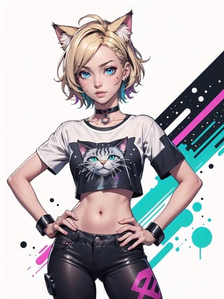 cat girl, cat ears, cyberpunk, short blonde hair, cosmic eyes, small breasts, crop top t-shirt, hand on hip, choker collar, wrist cuffs, realistic, solo, close up, graffiti, modern, design, white background, abstract, colorful, Grt2c