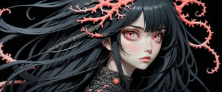 style of Tsutomu Nihei,
(incredibly absurdres, (high resolution:1.18), intricate detail, (masterpiece:1.1), (highest quality:1.1), absurdres) BREAK (1girl, solo, portrait, black hair, coral eyes, long hair, detailed eyes), (black background)