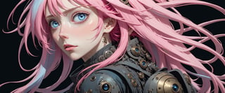 style of Tsutomu Nihei,
(incredibly absurdres, (high resolution:1.18), intricate detail, (masterpiece:1.1), (highest quality:1.1), absurdres) BREAK (1girl, solo, portrait, pink hair, light blue eyes, long hair, detailed eyes), (black background)