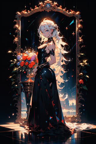 Beautiful 18 year old woman, (cosmic eyes), (strong physique), white hair, long hair, (black glasses), vivid color bangs, hair between eyes, small breasts, facing right, facing front, hand on hip, seductive face, sexy look, long dress, vase of flowers, dutch masters, landscape painting in background, cinematic lighting, (extremely detailed CG unity 8k wallpaper), (((masterpiece))), (((best quality))), ((ultra-detailed)), (best illustration), (best shadow), ((an extremely delicate and beautiful)), ((full-body_portrait))