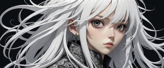 style of Tsutomu Nihei,
(incredibly absurdres, (high resolution:1.18), intricate detail, (masterpiece:1.1), (highest quality:1.1), absurdres) BREAK (1girl, solo, portrait, white hair, black eyes, long hair, detailed eyes),