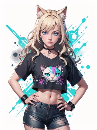 cat girl, cat ears, cyberpunk, long blonde hair, cosmic eyes, small breasts, crop top t-shirt, hand on hip, choker collar, wrist cuffs, realistic, solo, close up, graffiti, modern, design, white background, abstract, colorful, Grt2c